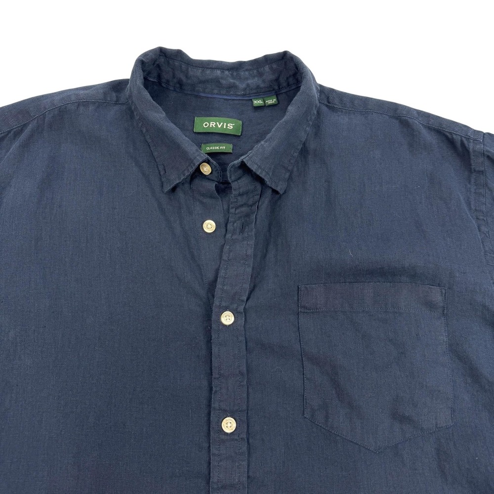 Orvis Shirt Mens 2XL Blue Linen Short Sleeve Button Down Classic Fit Casual
